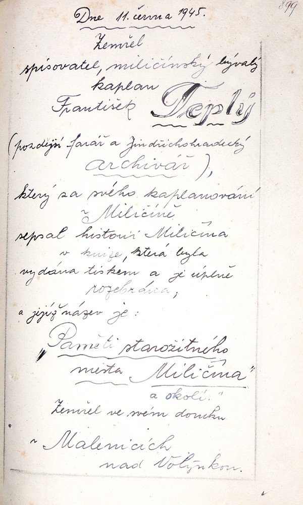 První pamětní kniha města Miličína, strana 899